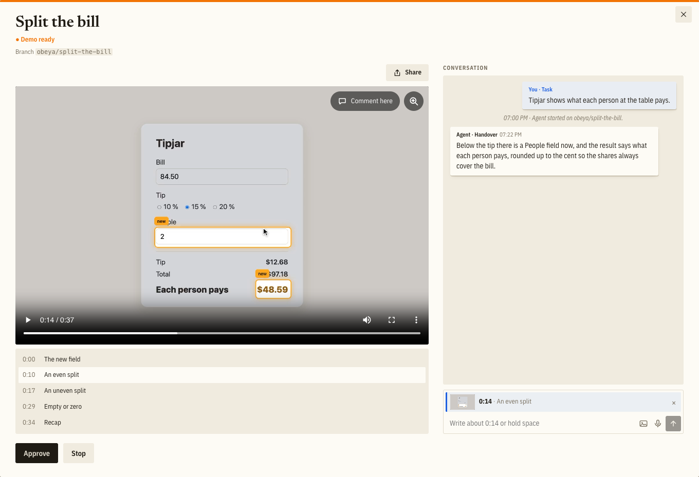 A card unfolded with the demo video of a tip calculator, its chapters and the approve button